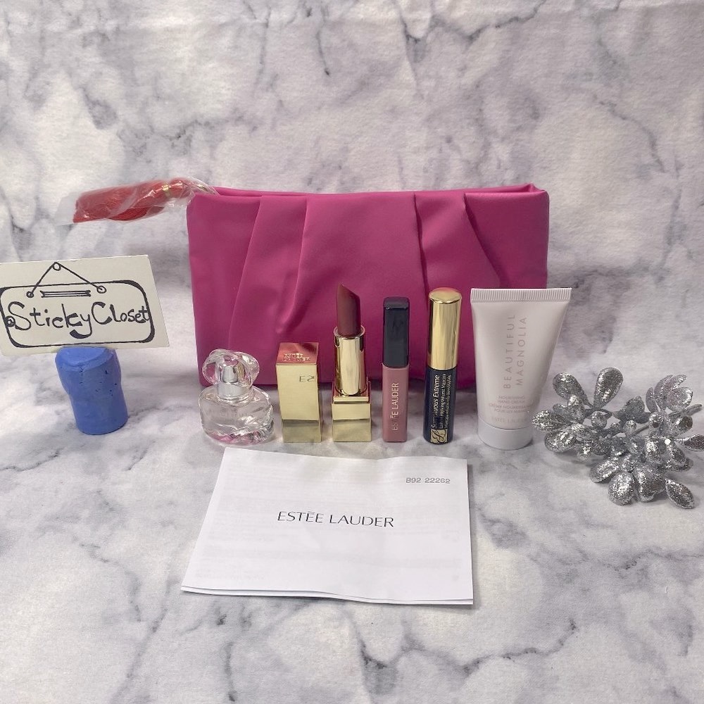 Estee Lauder Beauty Set-Pink Pouch,Lipstick,Lip Gloss,Mascara & Lotion-6pc-NEW
